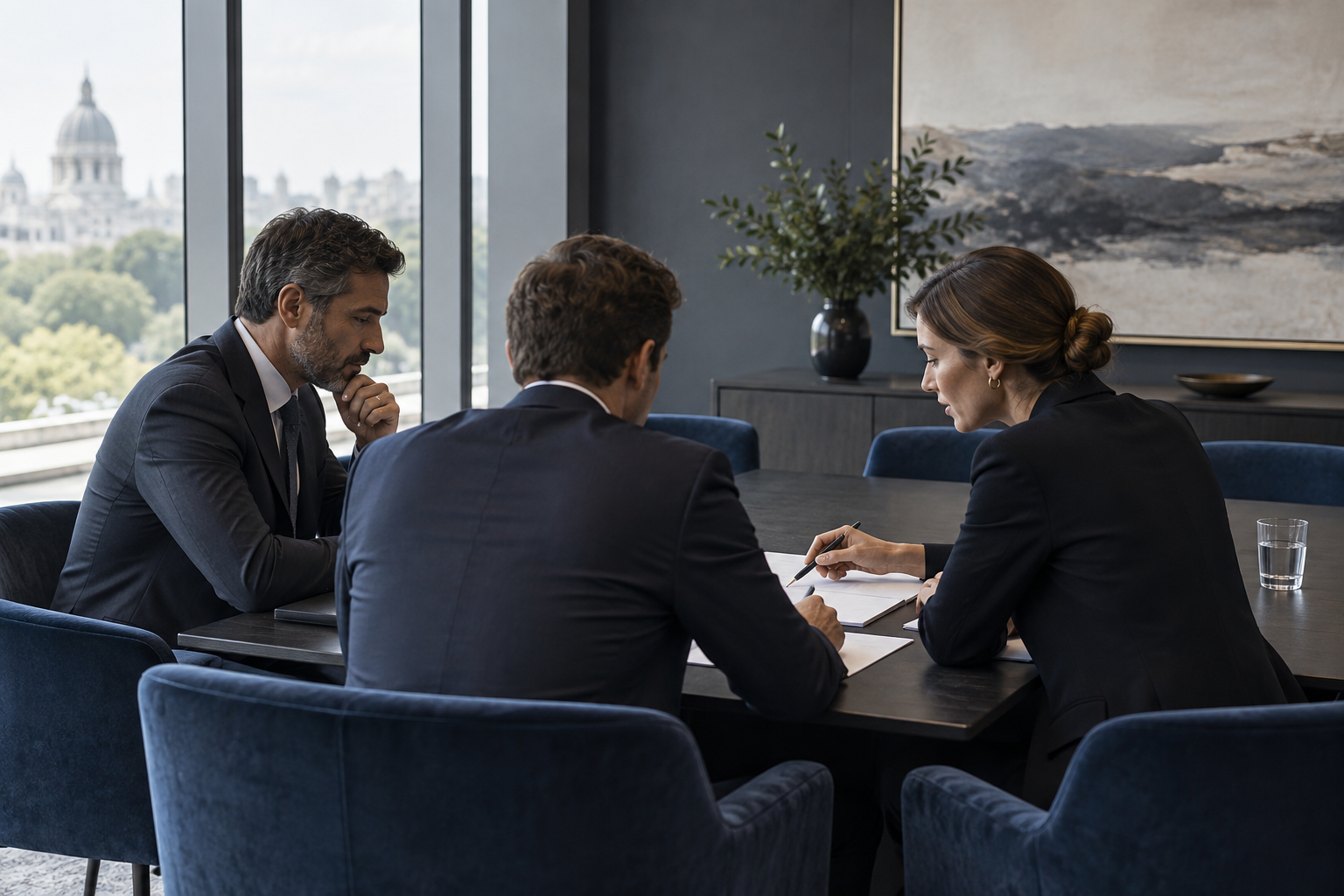 Professionals discussing documents in a quiet contemporary boardroom