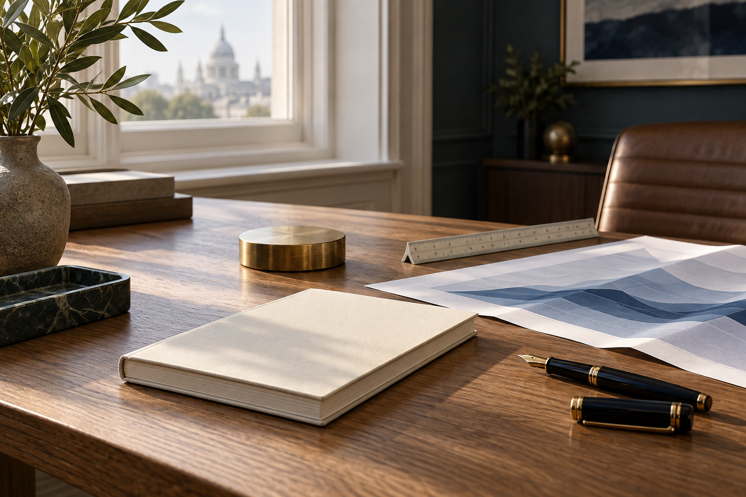 Notebook and discreet corporate planning materials on an oak desk